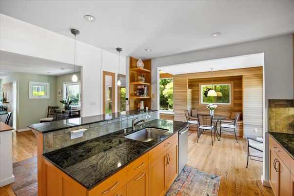 Dining room, Interior, Kitchen, Pendant Lights, Recessed Lighting, Wood Texture Flooring
