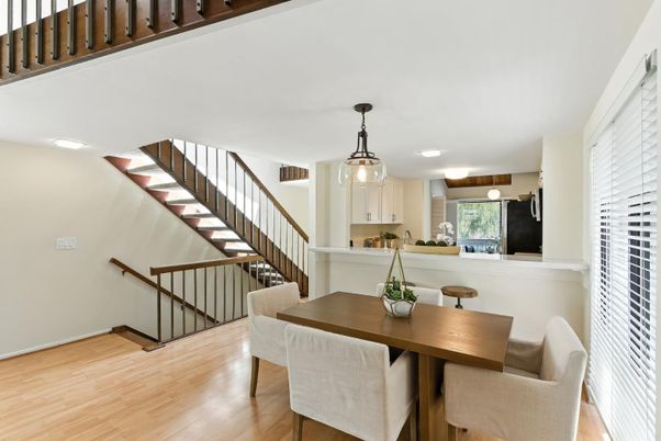 Dining room, Interior, Pendant Lights, Wood Texture Flooring