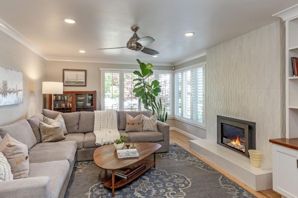 Fireplace, Interior, Living room, Recessed Lighting, Wood Texture Flooring