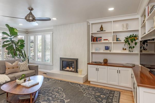 Fireplace, Interior, Living room, Recessed Lighting, Wood Texture Flooring