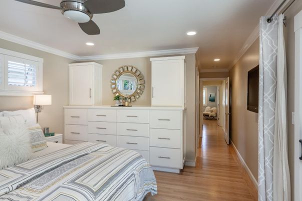 Bedroom, Interior, Recessed Lighting, Wood Texture Flooring