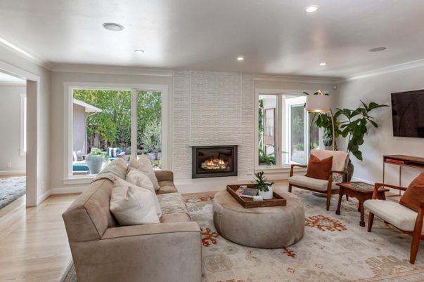 Fireplace, Interior, Living room, Recessed Lighting, Wood Texture Flooring