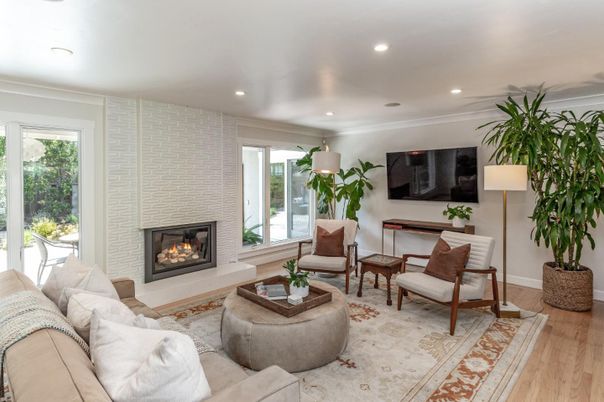 Fireplace, Interior, Living room, Recessed Lighting, Wood Texture Flooring