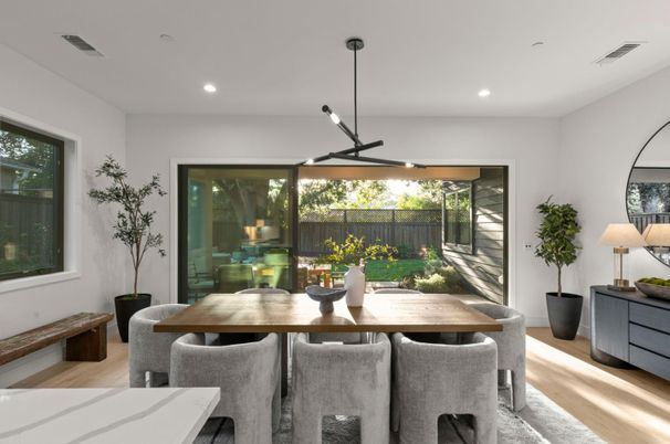 Dining room, Interior, Pendant Lights, Recessed Lighting, Wood Texture Flooring