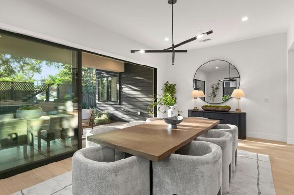Dining room, Interior, Pendant Lights, Recessed Lighting, Wood Texture Flooring