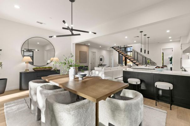 Dining room, Interior, Living room, Pendant Lights, Recessed Lighting, Wood Texture Flooring