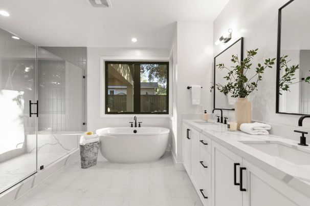 Bathroom, Dual Sink Vanities, Free Standing Baths, Glass Shower, Interior, Marble, Recessed Lighting