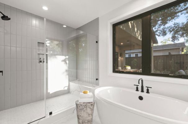 Bathroom, Free Standing Baths, Glass Shower, Interior, Marble, Recessed Lighting