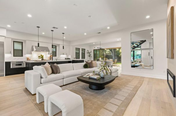 Interior, Kitchen, Living room, Pendant Lights, Recessed Lighting, Wood Texture Flooring