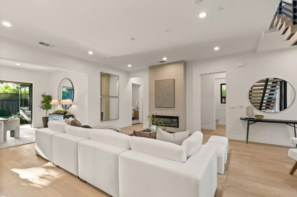 Fireplace, Interior, Living room, Recessed Lighting, Wood Texture Flooring