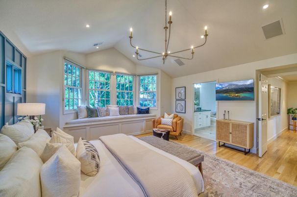 Bedroom, Chandelier, Interior, Recessed Lighting, Wood Texture Flooring
