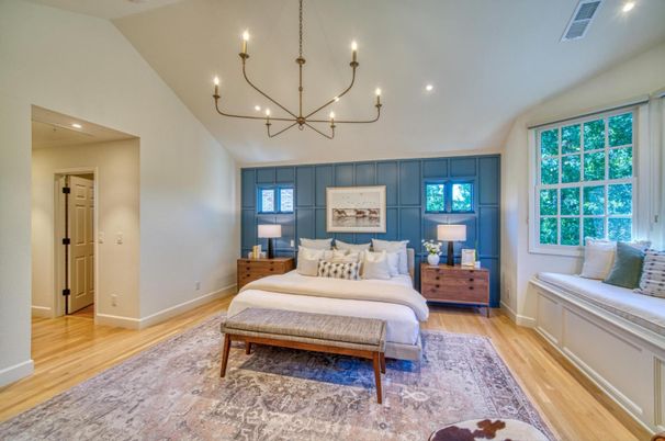 Bedroom, Chandelier, Interior, Recessed Lighting, Wood Texture Flooring