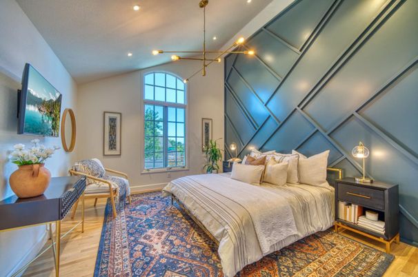 Bedroom, Interior, Pendant Lights, Recessed Lighting, Wood Texture Flooring