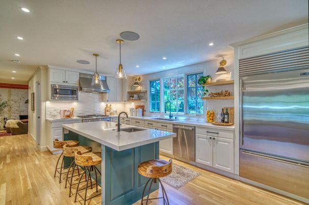 Interior, Kitchen, Pendant Lights, Recessed Lighting, Stainless Steel Appliances, Wood Texture Flooring