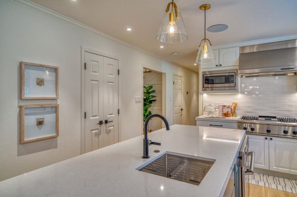 Interior, Kitchen, Pendant Lights, Recessed Lighting, Stainless Steel Appliances, Wood Texture Flooring