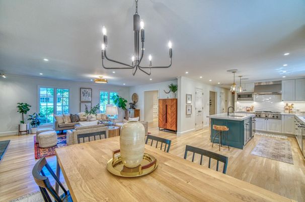 Chandelier, Dining room, Interior, Kitchen, Living room, Pendant Lights, Recessed Lighting, Wood Texture Flooring