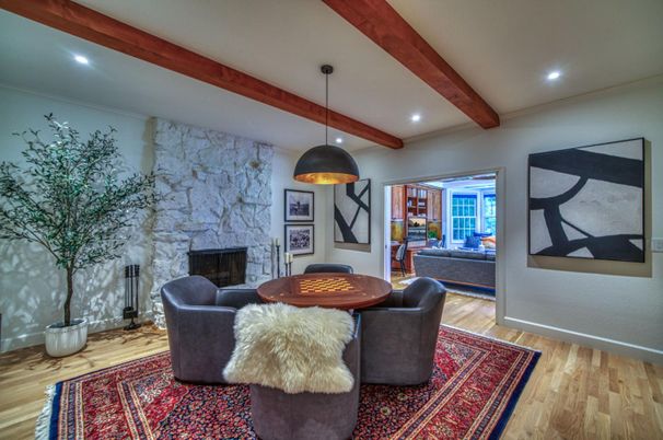Fireplace, Interior, Pendant Lights, Recessed Lighting, Stone Walls, Wooden Beams, Wood Texture Flooring