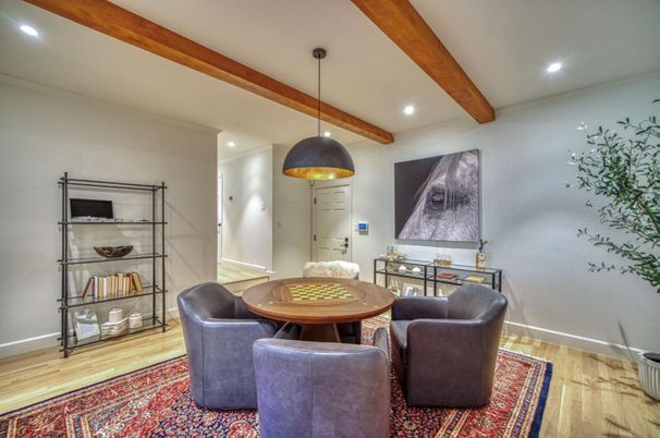 Dining room, Interior, Pendant Lights, Recessed Lighting, Wooden Beams, Wood Texture Flooring