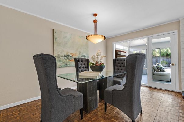 Dining room, Interior, Pendant Lights, Wood Texture Flooring