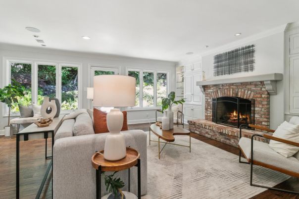 Fireplace, Interior, Living room, Recessed Lighting, Wood Texture Flooring