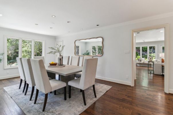 Dining room, Interior, Living room, Recessed Lighting, Wood Texture Flooring