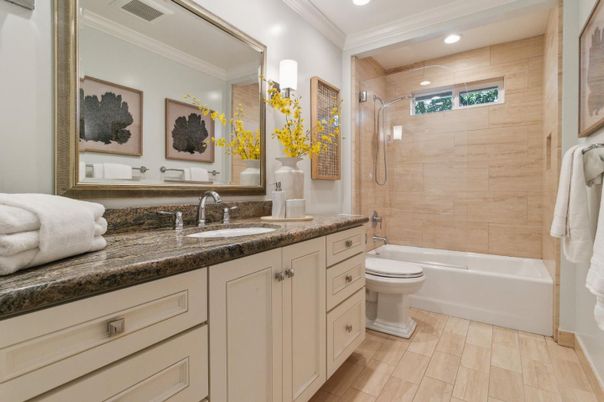 Bathroom, Glass Shower, Interior, Recessed Lighting, Wood Texture Flooring