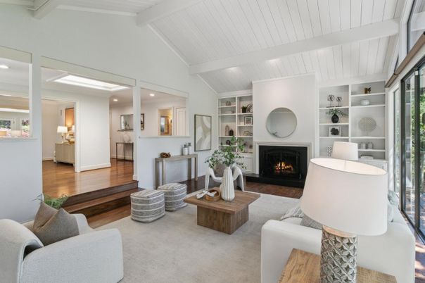 Fireplace, Interior, Living room, Recessed Lighting, Wood Texture Flooring