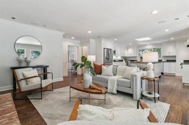 Interior, Kitchen, Living room, Recessed Lighting, Stainless Steel Appliances, Wood Texture Flooring