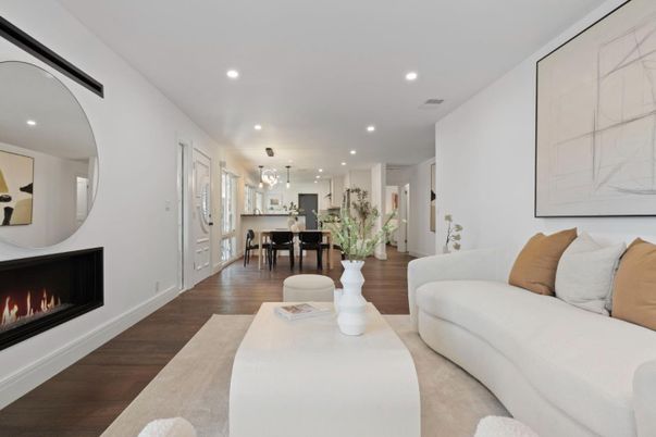 Dining room, Fireplace, Interior, Kitchen, Living room, Pendant Lights, Recessed Lighting, Wood Texture Flooring
