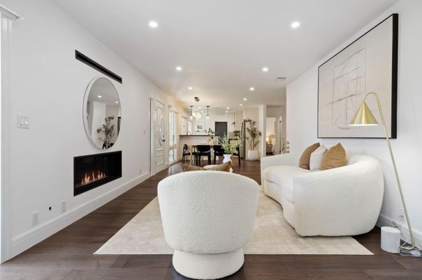 Dining room, Fireplace, Interior, Kitchen, Living room, Pendant Lights, Recessed Lighting, Wood Texture Flooring