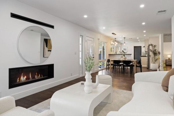 Dining room, Fireplace, Interior, Kitchen, Living room, Pendant Lights, Recessed Lighting, Wood Texture Flooring