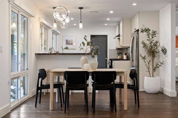 Dining room, Interior, Kitchen, Pendant Lights, Recessed Lighting, Wood Texture Flooring