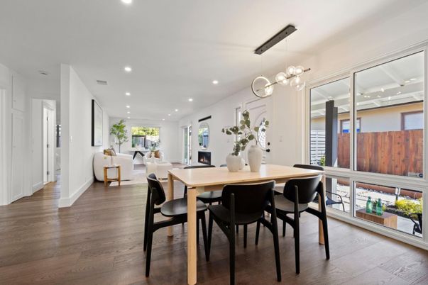 Dining room, Fireplace, Interior, Pendant Lights, Recessed Lighting, Wood Texture Flooring