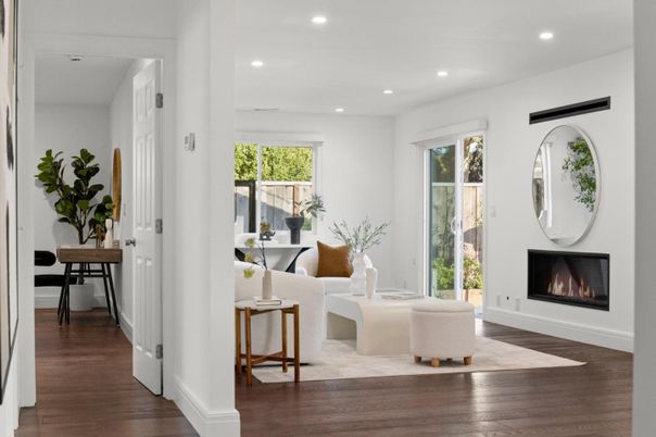 Fireplace, Interior, Recessed Lighting, Wood Texture Flooring