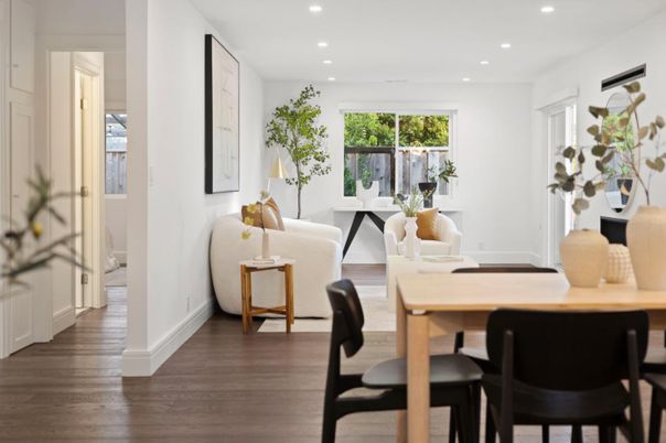 Dining room, Interior, Recessed Lighting, Wood Texture Flooring