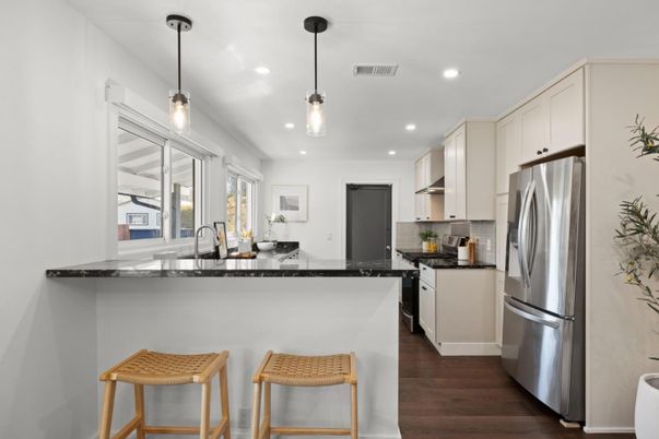 Interior, Kitchen, Pendant Lights, Recessed Lighting, Stainless Steel Appliances, Wood Texture Flooring
