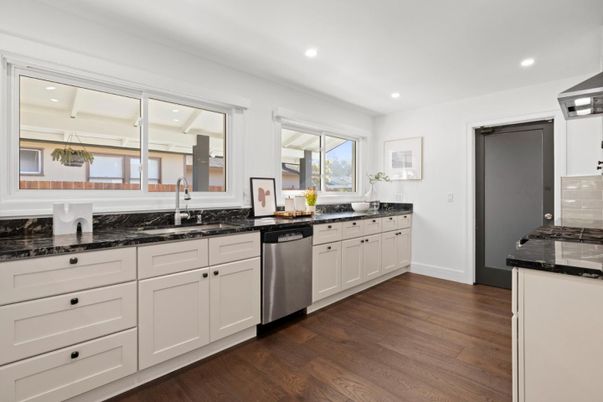 Interior, Kitchen, Recessed Lighting, Stainless Steel Appliances, Wood Texture Flooring