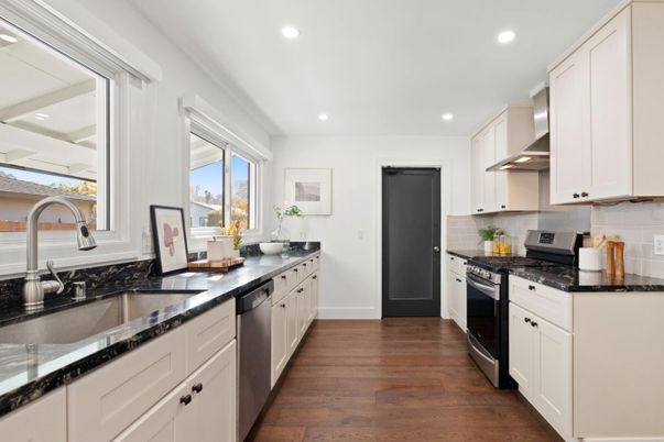 Interior, Kitchen, Recessed Lighting, Stainless Steel Appliances, Wood Texture Flooring
