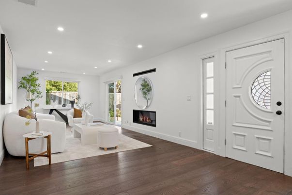 Fireplace, Interior, Living room, Recessed Lighting, Wood Texture Flooring