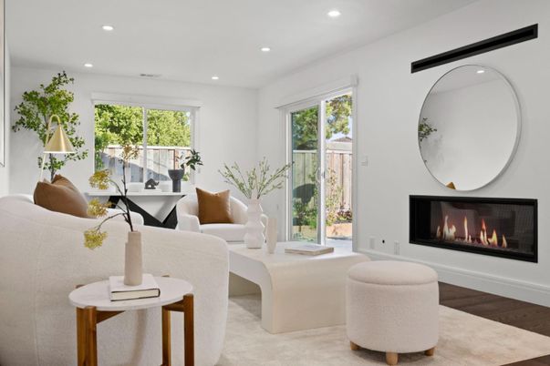 Fireplace, Interior, Living room, Recessed Lighting, Wood Texture Flooring