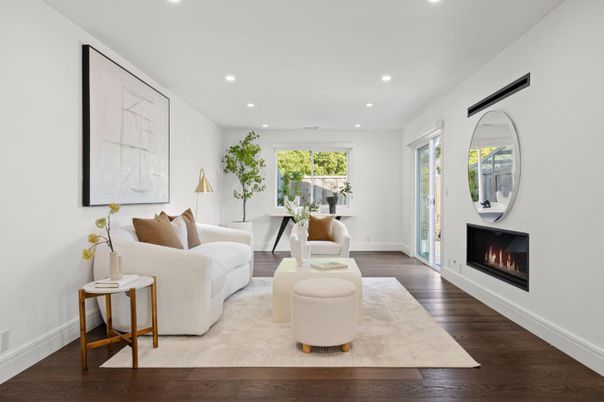 Fireplace, Interior, Living room, Recessed Lighting, Wood Texture Flooring