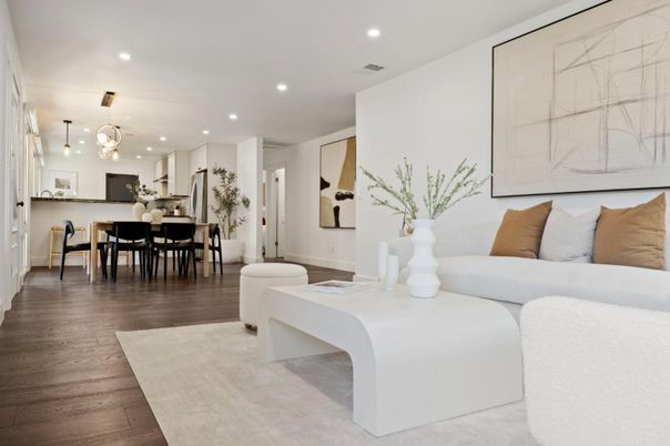 Dining room, Interior, Kitchen, Living room, Pendant Lights, Recessed Lighting, Wood Texture Flooring