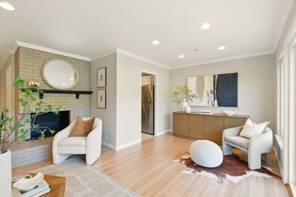 Fireplace, Interior, Recessed Lighting, Stone Walls, Wood Texture Flooring