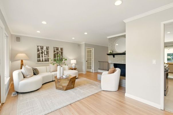 Fireplace, Interior, Living room, Recessed Lighting, Wood Texture Flooring