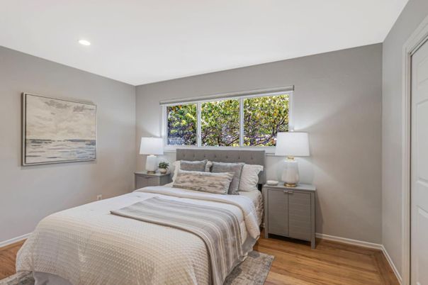 Bedroom, Interior, Recessed Lighting, Wood Texture Flooring