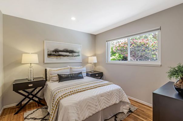 Bedroom, Interior, Recessed Lighting, Wood Texture Flooring