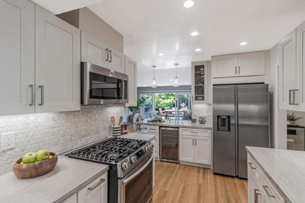 Interior, Kitchen, Pendant Lights, Recessed Lighting, Stainless Steel Appliances, Wood Texture Flooring