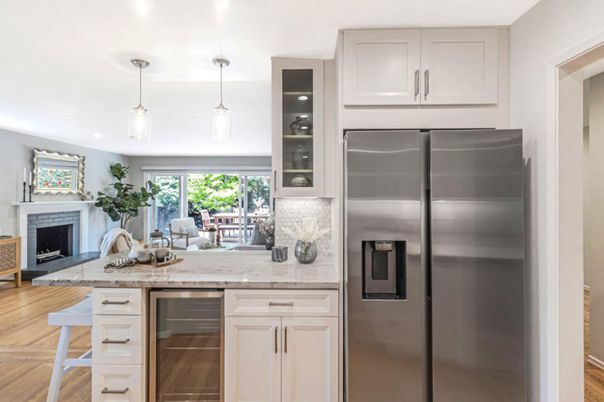 Fireplace, Interior, Kitchen, Pendant Lights, Stainless Steel Appliances, Wood Texture Flooring