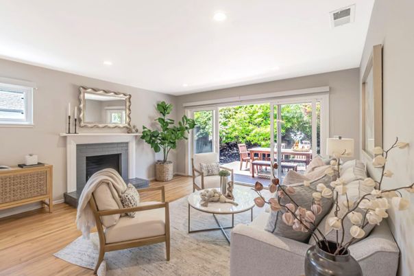 Fireplace, Interior, Living room, Recessed Lighting, Wood Texture Flooring