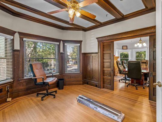 Chandelier, Home Office, Interior, Wooden Beams, Wood Texture Flooring